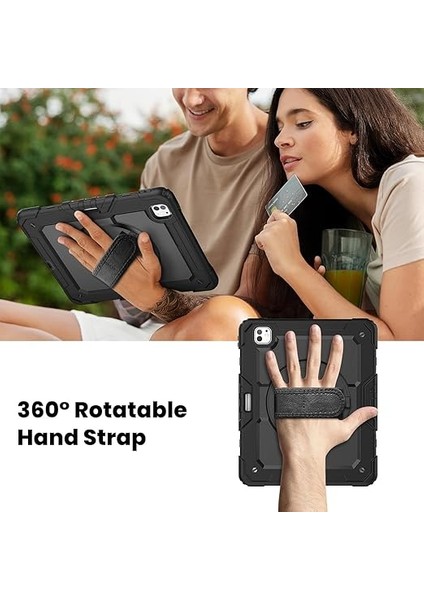 iPad Pro 13 Inç M4 2024 7. Nesil Için Kılıf (Model: A2925, A2926, A3007) Tam Koruma Darbe Emici, 360° Dönebilen Stand, Ayarlanabilir Omuz Askısı, Kalem Tutucu, Siyah fırsatları
