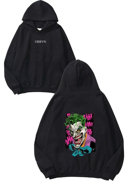 Joker Haha Tasarım Baskılı Oversize Siyah Kapüşonlu Sweatshirt