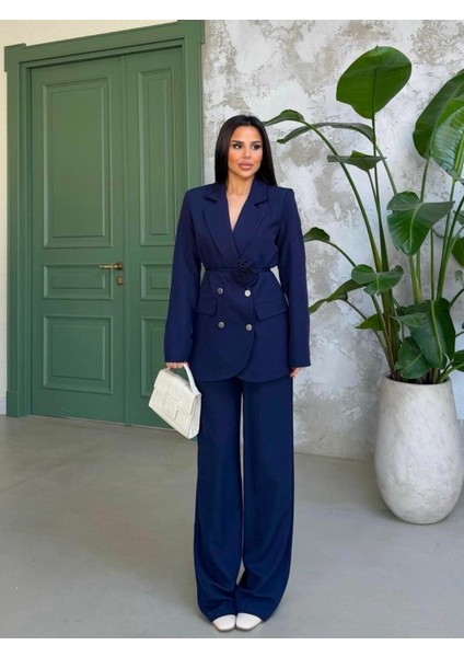 Kadın Gül Kemer Detaylı Palazzo Takım Elbise