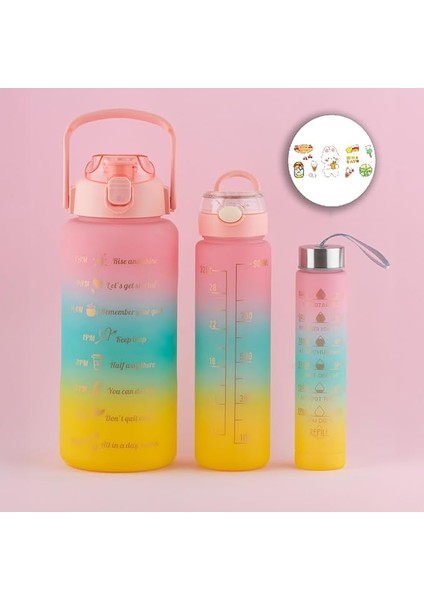 11918 3 Lü Motivasyon Stickerlı Kokusuz Spor Su Matarası - Su Şişesi - Renkli Suluk Pembe