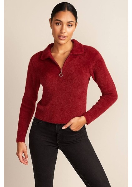 Kadın Yarım Fermuarlı Yumuşak Dokulu Sakallı Triko Kazak