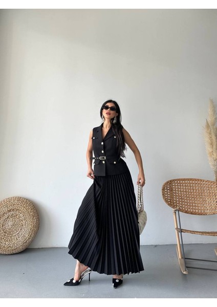 Kadın Kemerli Düğmeli Yelek Pileli Etek Takım Elbise fırsatları