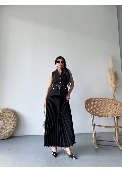 Kadın Kemerli Düğmeli Yelek Pileli Etek Takım Elbise indirimleri