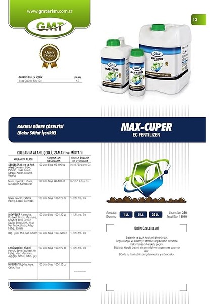 Max Cuper 250 cc (Bakırlı Gübre Çözeltisi - Sistemik Bakır) fiyatları