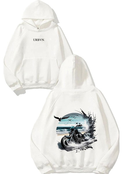 Chopper Tasarım Baskılı Oversize Beyaz Kapüşonlu Sweatshirt