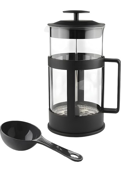 350 ml Cam French Press + Ölçü Kaşığı – Isıya Dayanıklı Cam, Paslanmaz Çelik Filtreli, Siyah Renkli Kahve ve Bitki Çayı Demliği