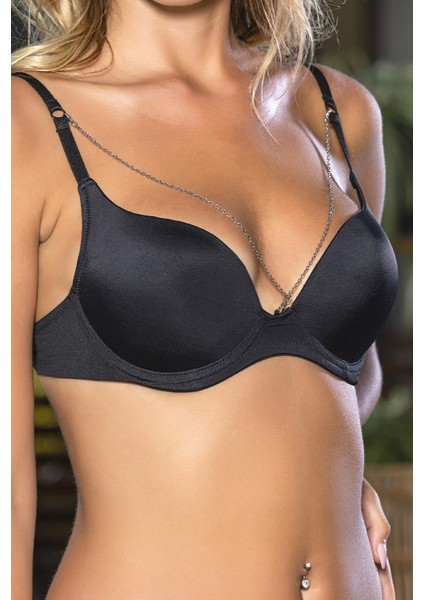 Günlük Kullanıma Uygun siyah Zincir Aksesuarlı Yarım Push-Up Sütyen,destekli, Düşük Dekolte Uyumlu