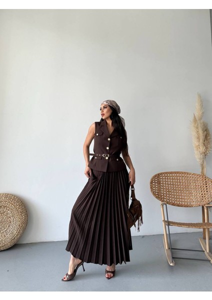 Kadın Kemerli Düğmeli Yelek Pileli Etek Takım Elbise modelleri