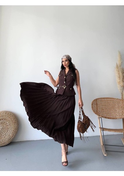 Kadın Kemerli Düğmeli Yelek Pileli Etek Takım Elbise fırsatları