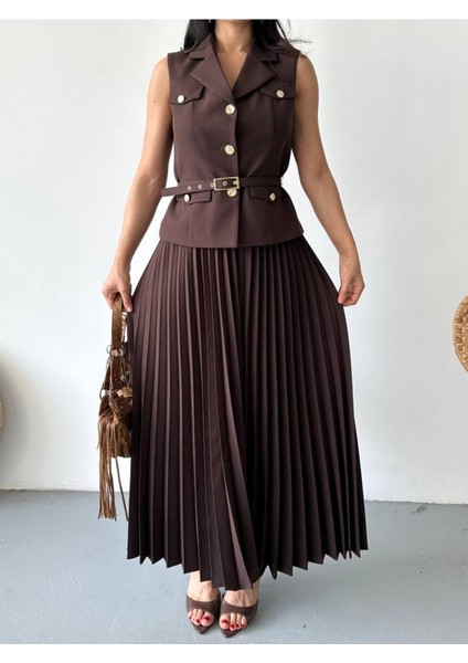 Kadın Kemerli Düğmeli Yelek Pileli Etek Takım Elbise indirimleri