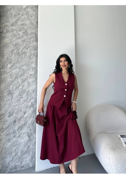 Kadın Alt Üst Takım Şık Düğme Detaylı Premium Yelek Etek Ikili Takım Elbise fırsatları