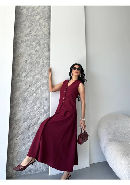 Kadın Alt Üst Takım Şık Düğme Detaylı Premium Yelek Etek Ikili Takım Elbise