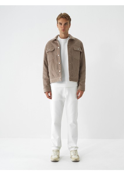 Erkek Bej Lüks Dokulu Soft Kadife Regular Fit Ceket