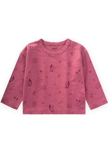 Uzun Kollu Desenli T-Shırt 0-3 Yaş Mürdüm
