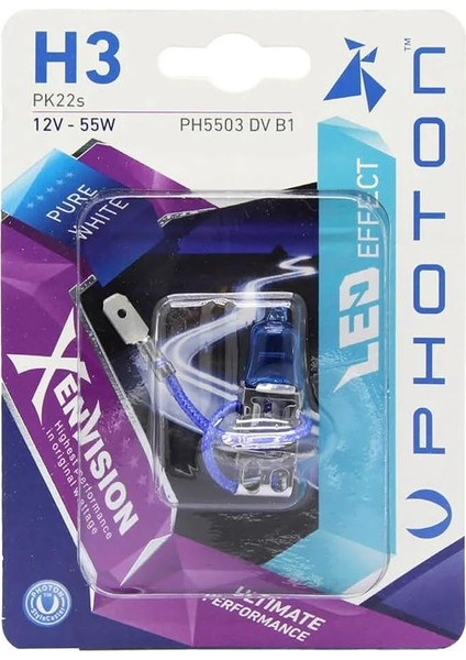 H3 12V 55W Xen Vision Beyaz Ampul, PK22S