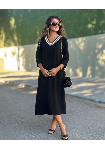 Kadın Uzun Kollu V Şerit Yakalı Viskon Iki Iplik Elbise modelleri