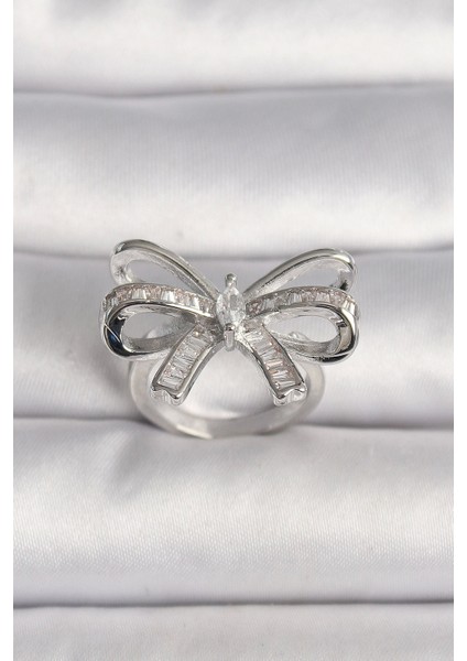 Bfs Pirinç Gümüş Renk Ayarlanabilir Zirkon Taşlı Kurdele Model Kadın Yüzük