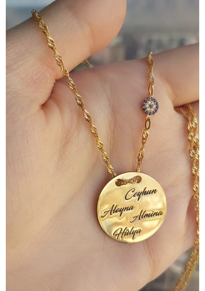 925 Ayar Gümüş 24 Ayar Altın Kaplama Nazar Boncuklu Plaka Kolye