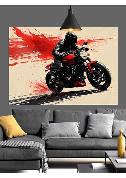 Kırmızı Motorlu Motorsikletli Adam Dekoratif Kanvas - Mdf Ahşap Tablo