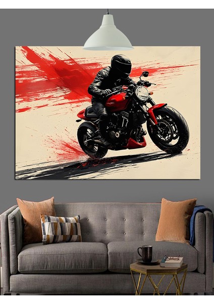 Kırmızı Motorlu Motorsikletli Adam Dekoratif Kanvas - Mdf Ahşap Tablo fiyatları