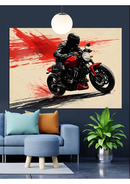 Kırmızı Motorlu Motorsikletli Adam Dekoratif Kanvas - Mdf Ahşap Tablo fırsatları