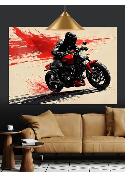 Kırmızı Motorlu Motorsikletli Adam Dekoratif Kanvas - Mdf Ahşap Tablo indirimleri