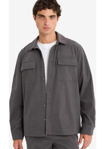 Regular Fit Fitilli Kadife Uzun Kollu Gömlek F1619AX25WN