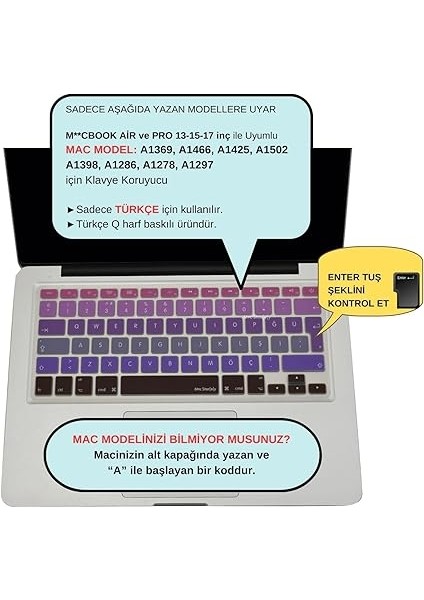 Macbook Air Pro Klavye Koruyucu (Türkçe Q) Ombre (Eski Usb’li Model 2008/2017 Yılı) ile Uyumlu Pembe Mavi fiyatları