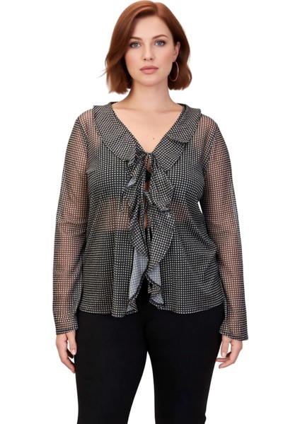 Büyük Beden Kadın V Yaka Tül Ekose Desenli Bağcıklı Bluz Kaliteli Şık Rahat Modern Zarif Günlük