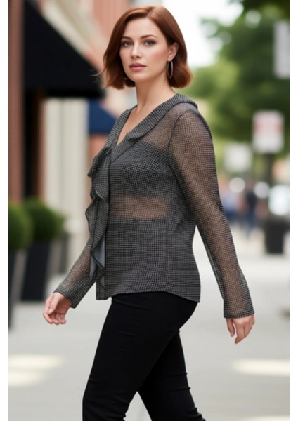 Büyük Beden Kadın V Yaka Tül Ekose Desenli Bağcıklı Bluz Kaliteli Şık Rahat Modern Zarif Günlük modelleri