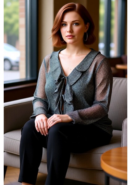 Büyük Beden Kadın V Yaka Tül Ekose Desenli Bağcıklı Bluz Kaliteli Şık Rahat Modern Zarif Günlük fırsatları