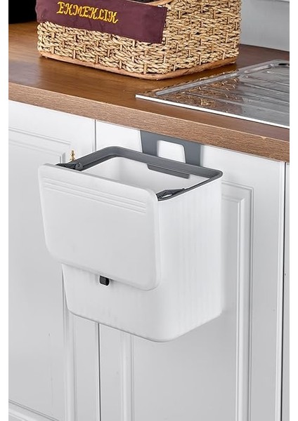 15 Litre Fonksiyonel Kapaklı Banyo ve Mutfak Tezgahüstü Çöp Kovası Dolap ve Duvar Aparatlı 15 Lt.,yerden Tasarruflu Lavabo Altı Veya Dolap Kapısı Için Kapasiteli Mutfak Çöp Kovası,askılı (Beyaz)