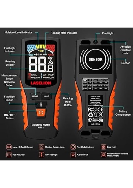 Pinless Nem Ölçer MS12 Tahribatsız Ahşap Nem Ölçer Dedektörü, Büyük LCD Ekranlı, Piller, Ahşap, Yakacak Odun, Duvarlar, Yapı Malzemeleri Için 4 Modlu Nem Ölçer fiyatları