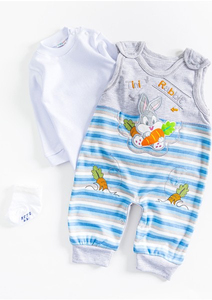 Tavşan Figürlü Erkek Bebek Tulum Salopet Takım