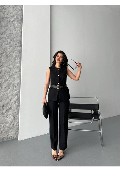 Kadın Kemerli Yelek Palazzo Pantolon Ikili Takım Elbise