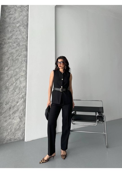 Kadın Kemerli Yelek Palazzo Pantolon Ikili Takım Elbise fiyatları