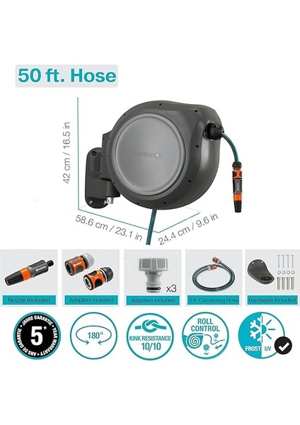 8040 50 Ayak Duvara Monte Geri Çekilebilir Makara Hortum Kılavuzlu, Gri, 50' fiyatları