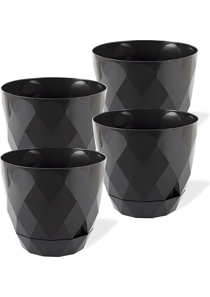 Yakamoz Prizma Saksı Seti 4 Adet Drenajlı Tabaklı Plastik Çiçek Saksısı Set (Antrasit, 0.65 Lt)