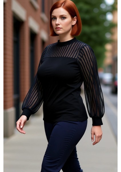 Kadın Dik Yaka Uzun Kollu Vücuda Oturan Örme Bluz Zarif Çizgili Detaylı Günlük Kullanım Için