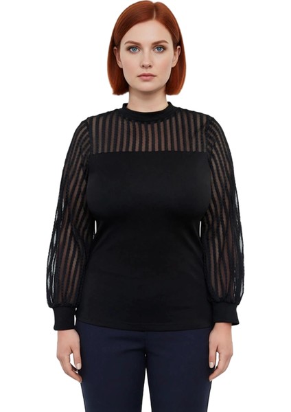 Kadın Dik Yaka Uzun Kollu Vücuda Oturan Örme Bluz Zarif Çizgili Detaylı Günlük Kullanım Için modelleri