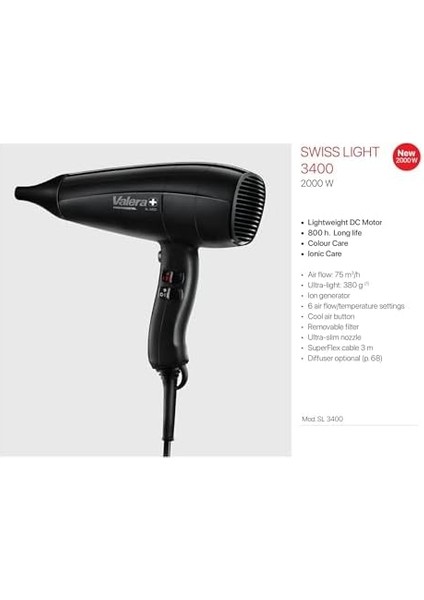 Valera Swiss Light 3400 Saç Kurutma Makinesi Siyah