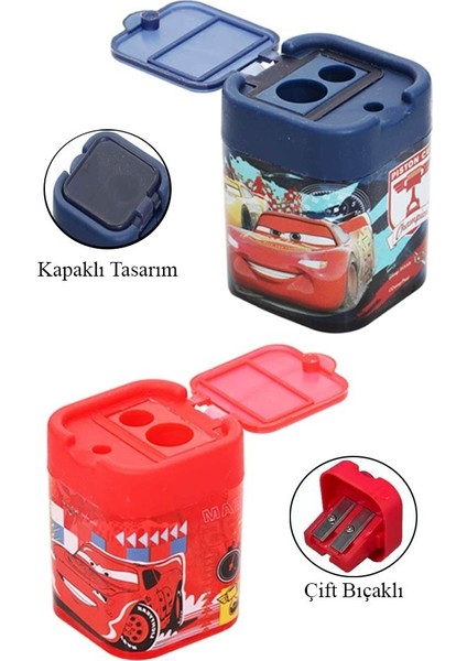 2 Li Kalemtraş 2 Adet Arabalar Kırmızı ve Mavi Geniş Hazneli Çift Bıçaklı Kalem Traş No1 Figürlü Jumbo Kalemtıraş