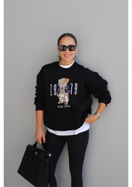 Siyah Teddy Nakış Detay Sweat