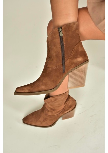 V654081902 Tarçın/taba Hakiki Deri Süet Kalın Topuklu Western Kovboy Kadın Bot