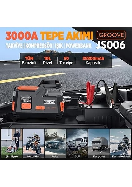 JS006 26800MAH 3000A Akü Takviye Cihazı + Lastik Şişirme Kompresörü Taşınabilir Jump Starter (Kompresör+Powerbank+Led Lamba+Lcd Ekran) fiyatları
