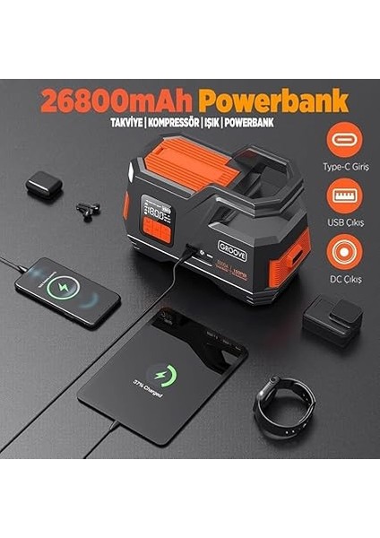 JS006 26800MAH 3000A Akü Takviye Cihazı + Lastik Şişirme Kompresörü Taşınabilir Jump Starter (Kompresör+Powerbank+Led Lamba+Lcd Ekran) fırsatları