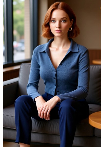 Kadın Şık Crop Gömlek Yaka Slim Kalıp Örme Vücuda Oturan Polo Yaka Fitilli Esnek Bluz