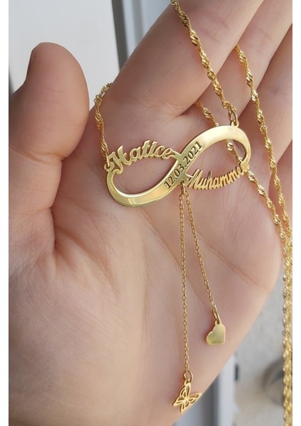 925 Ayar Gümüş 24 Ayar Altın Kaplama Kalp ve Kelebek Figürlü Sonsuzluk Kolye