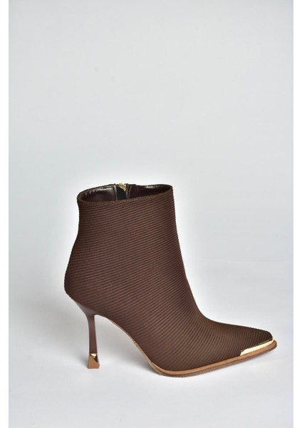 V820200504 Kahverengi Kumaş Ince Topuklu Sivri Burunlu Yarım Bot