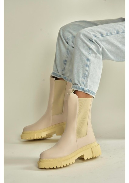 V652649009 Bej Lastik Detaylı Kalın Tabanlı Kadın Bot fiyatları